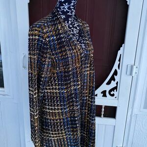 Susan Graver Blue, Gold and Black Patterned Open Cardigan